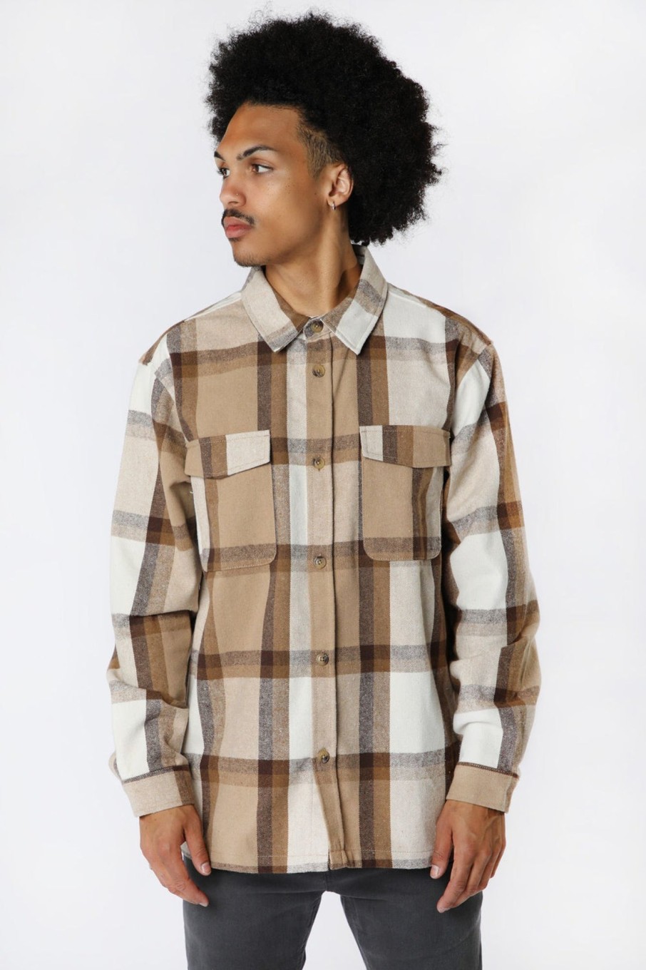 Mens Amnesia | Amnesia Mens Cotton Plaid Button-Up Sand