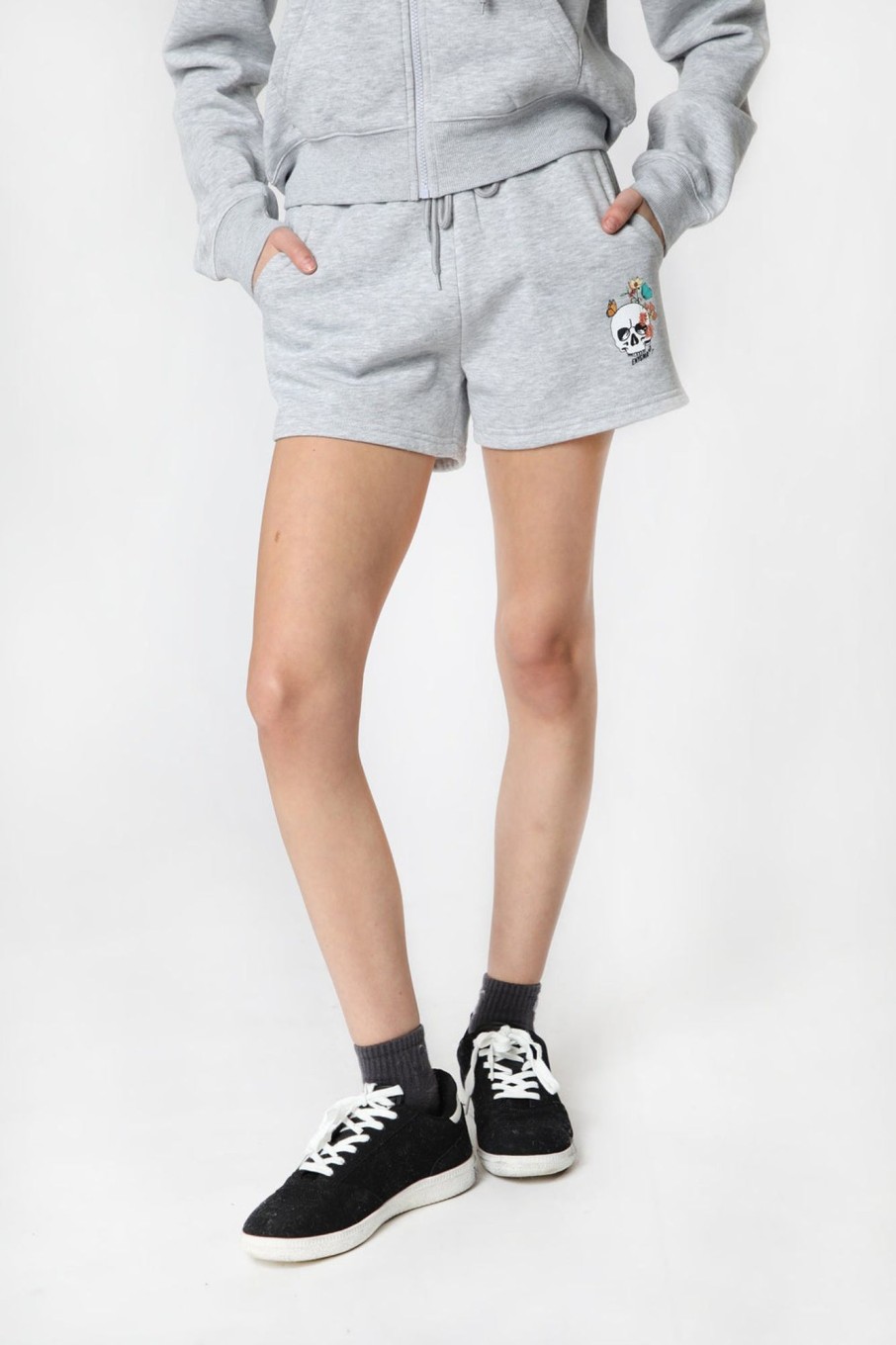 Womens Enygma | Womens Enygma Basic Fleece Skull Shorts Heather Grey