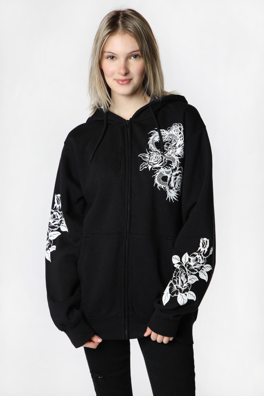 Womens Sovrn Voices | Womens Sovrn Voices Dragon And Roses Zip-Up Hoodie Black