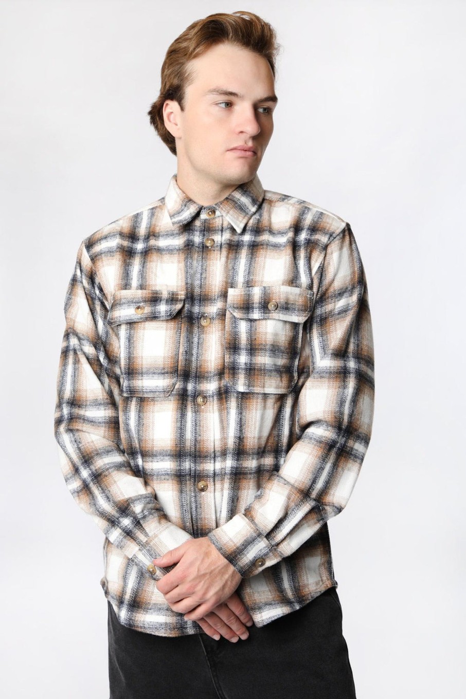 Mens Amnesia | Amnesia Mens Flannel Plaid Button-Up Sand